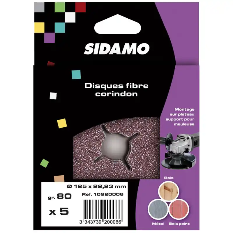 Blister de 5 disques fibre Diam 125 mm Gr. 80 corindon brun 10920006