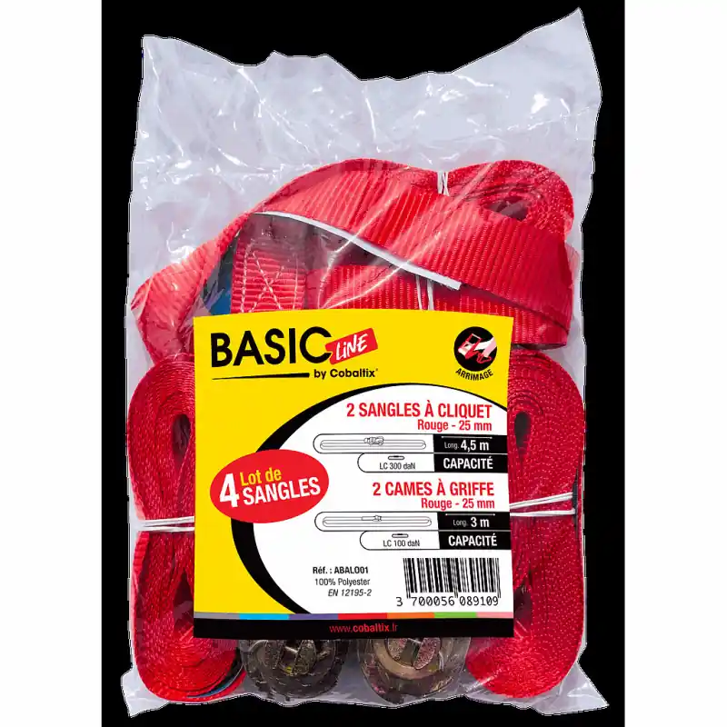 Lot de 4 sangles à cliquet 25 mm x 4,5 m et 25 mm x 3 m BASIC Line