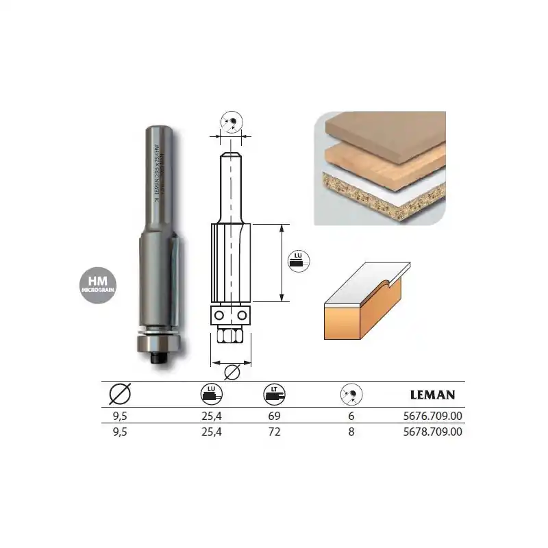 Mèche d‘affleureuse droite diam. 9,5 long. 72 q.8 guide 5678.709.00