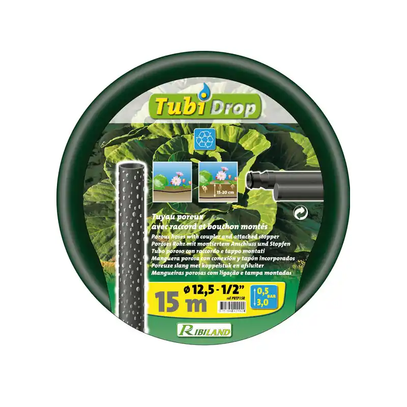 Tuyau poreux TUBI‘DROP avec raccord et bouchon Diam 12,5/15 m PRTP15R