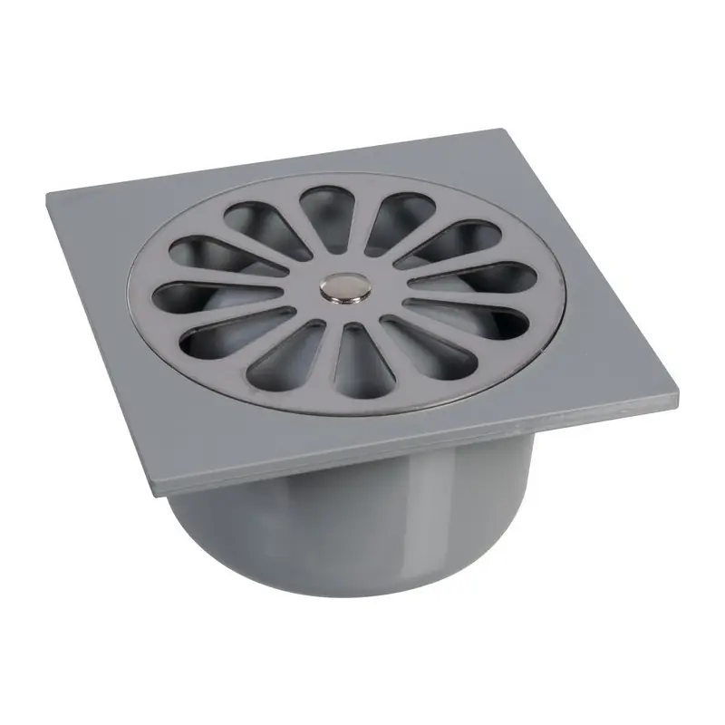 Siphon PVC gris avec grille inox 140 x 140 mm