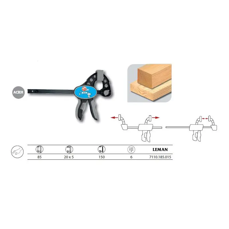 Serre-Joint Rapide Une Main Tige Acier Saillie 85 Section 20x5 Serrage