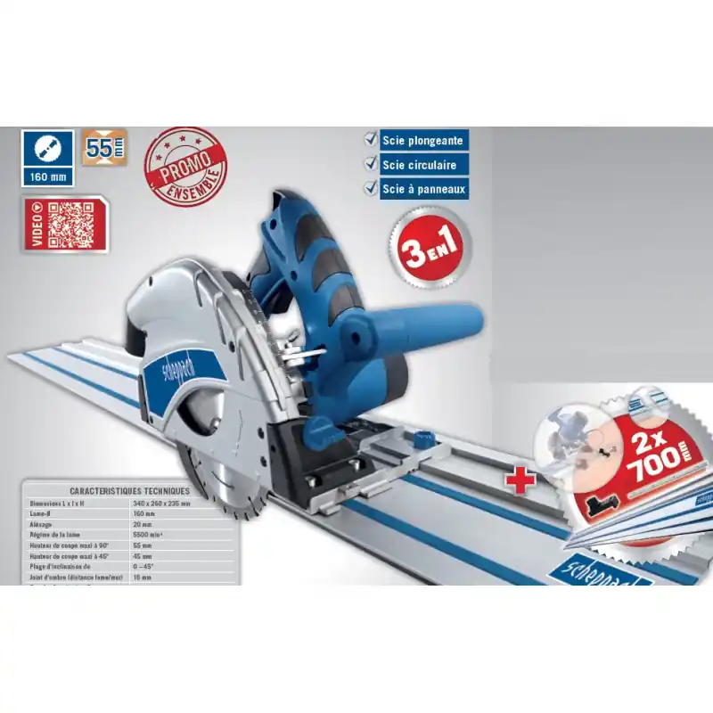 Scie circulaire plongeante PL 55 160mm avec 2 rails 700mm Scheppach