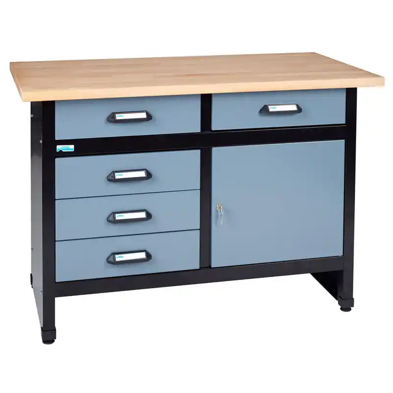 Établi Küpper 12046 gris 120cm, 1 porte 5 tiroirs, plateau bois hêtre massif, structure métallique
