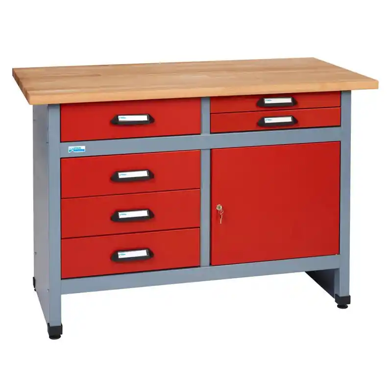 Établi Küpper 12242 rouge 120cm, 1 porte 6 tiroirs, plateau bois hêtre massif, structure métallique