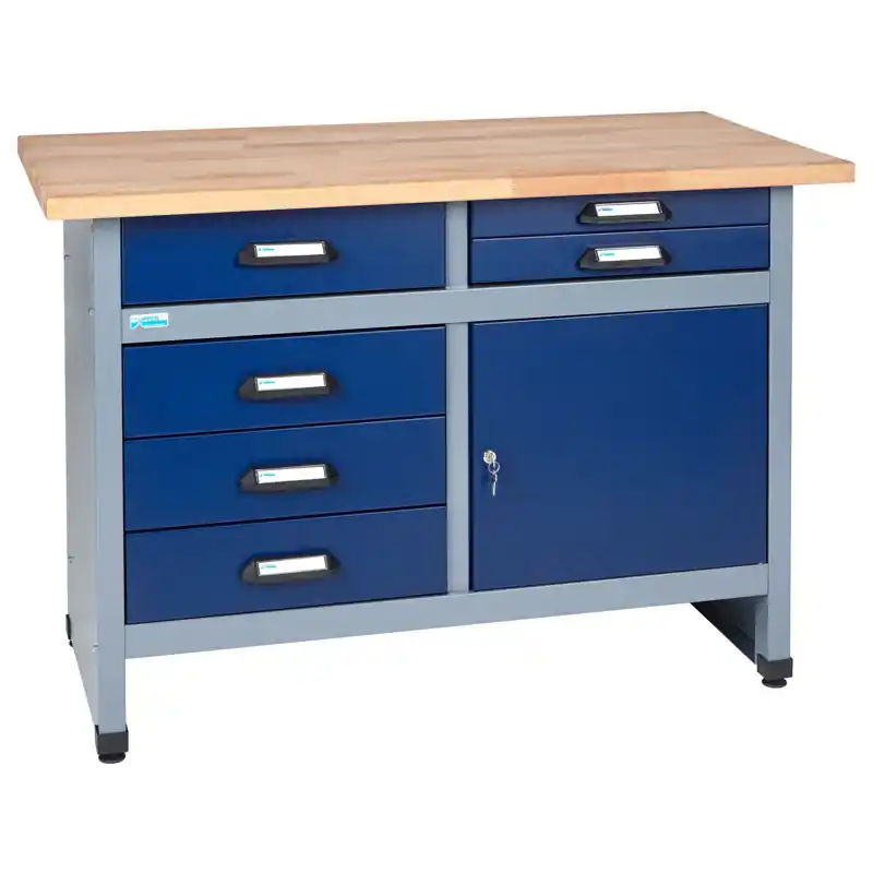 Établi Küpper 12247 bleu 120cm, 1 porte 6 tiroirs, plateau bois hêtre massif, structure métallique