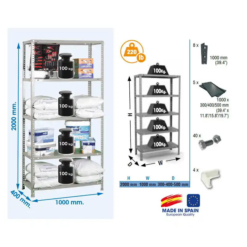 Etagère Confort 2000x1000x400mm Gris foncé Charge 100Kg COMFORT PLUS 5