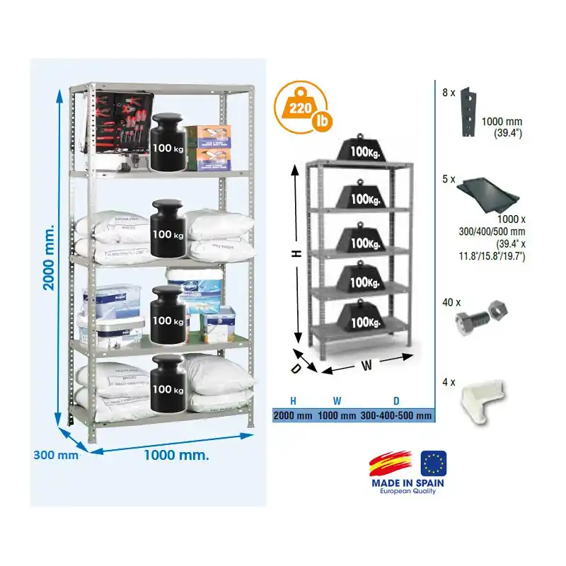 Etagère Confort 2000x1000x300mm Gris foncé Charge 100Kg COMFORT PLUS 5