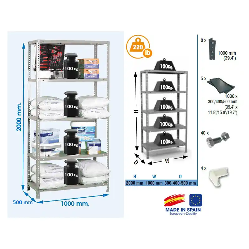 Etagère Confort 2000x1000x500mm Gris foncé Charge 100Kg COMFORT PLUS 5