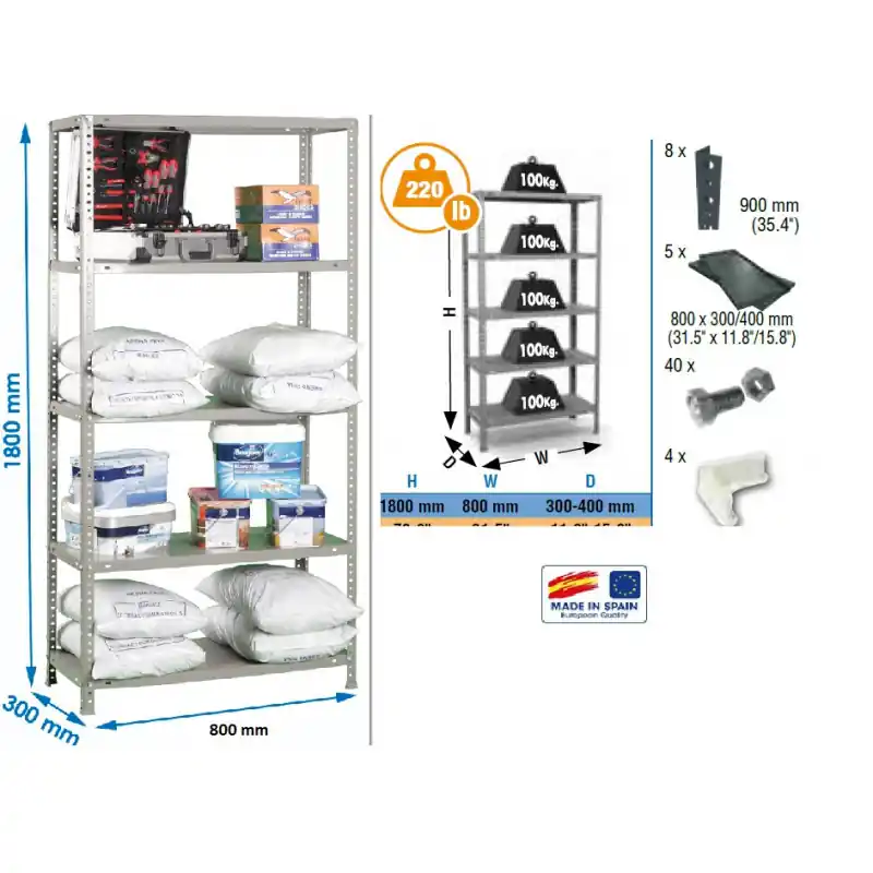 Etagère confort 1800x800x300mm Gris galva Charge 100Kg MINI 5/300