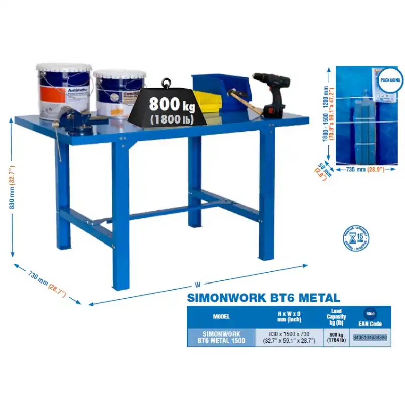 Etabli 830x1500x730mm Bleu BT6 METAL 1500