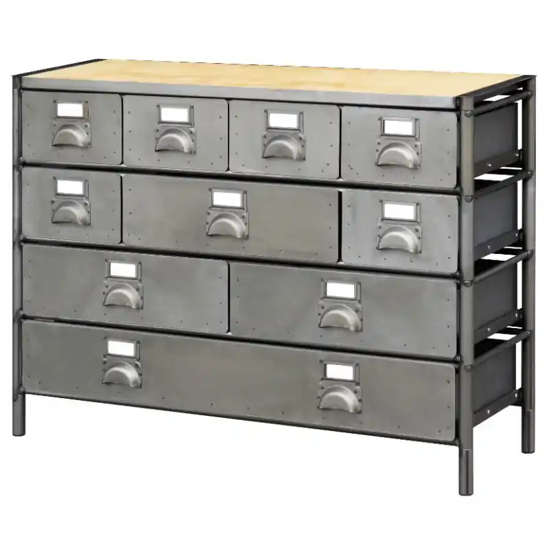 Meuble de rangement précomposé plateau acier/bois 10 tiroirs