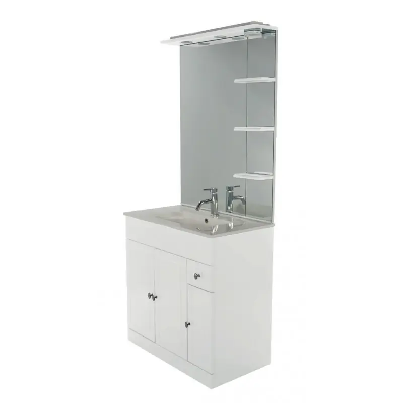 Meuble poser 80cm blanc brillant 3 portes un tiroir étagères latérales
