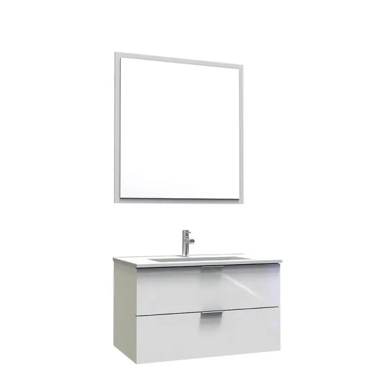 Meuble à suspendre 80 cm blanc brillant deux tiroirs et miroir assorti