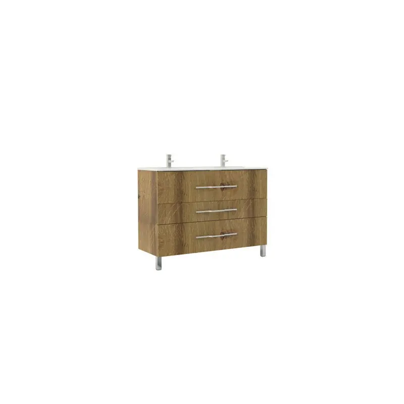 Meuble poser 120cm finition bois chêne rustique doubleVasque trois tir