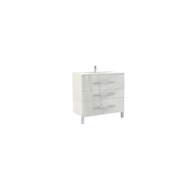 Meuble à poser 90 cm laqué brillant blanc simple vasque trois tiroirs