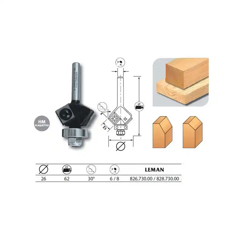 Mèche d‘affleureuse 2 plaquettes Diam 26 pente 30° q8 guide 82873000