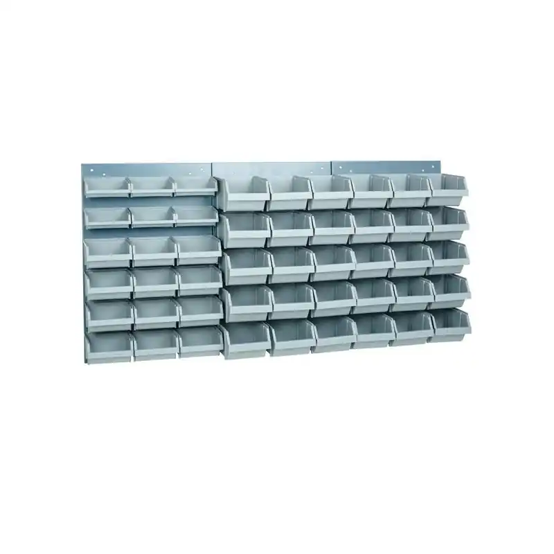 Panneau mural perforé L120 x H60cm et 48 boites de rangements gris