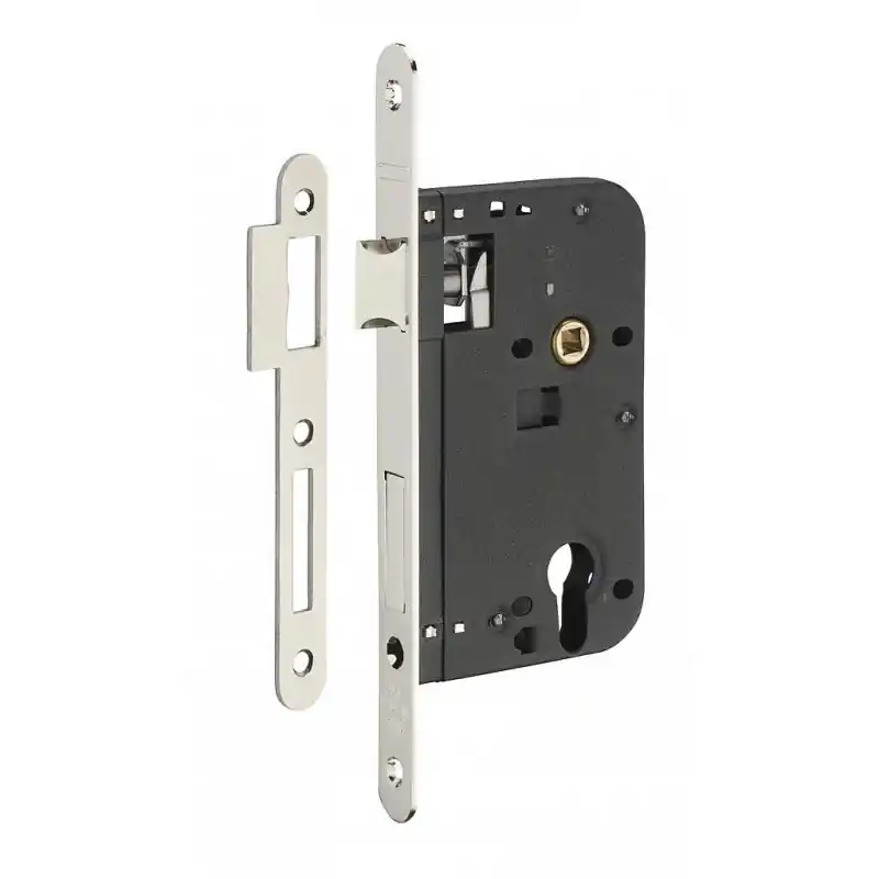 Boîtier serrure à encastrer à cylindre axe 60 mm têtière nickelée V/BR