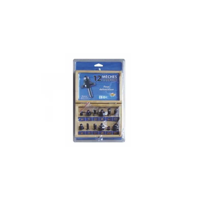 Coffret 12 Meches de Defonceuse Carbure Assorties Queue 8 Mm