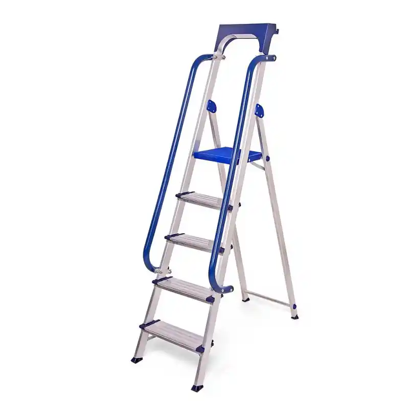 Escabeau 5 marches Secure pro alu sécurisé rampes porte-outils hauteur plateforme 112cm Hostrom