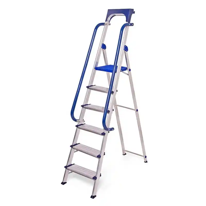 Escabeau 6 marches Secure pro alu sécurisé rampes porte-outils hauteur plateforme 135cm Hostrom