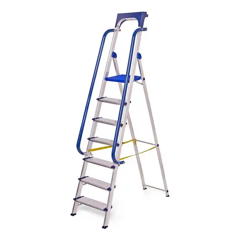 Escabeau 7 marches Secure pro alu sécurisé rampes porte-outils hauteur plateforme 158cm Hostrom