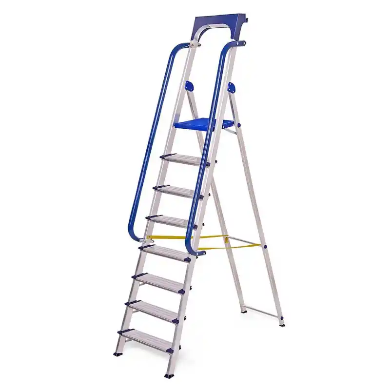 Escabeau 8 marches Secure pro alu sécurisé rampes porte-outils hauteur plateforme 182cm Hostrom