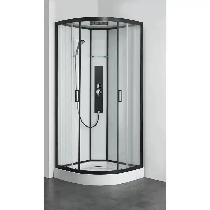 Cabine douche complète Quart rond 90x90x225cm neutre profil noir UYUNI