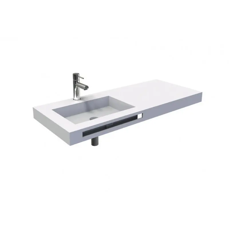Plan vasque suspendre gauche 120cm solid surface blanc mat porte-servi