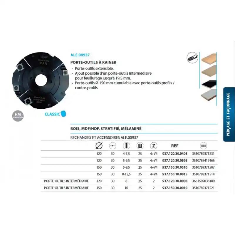 Porte-outils à rainer fraise extensible 8/155 diam 150 937150300815