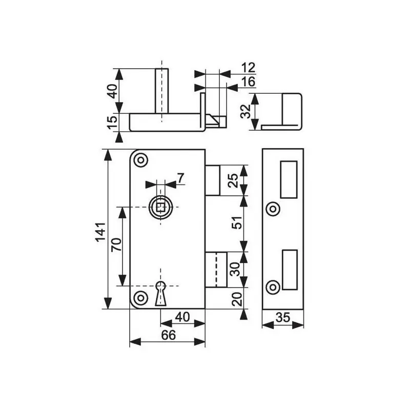 Serrure en applique à gorge à fouillot extra-plate 416 Axe 40 mm droit