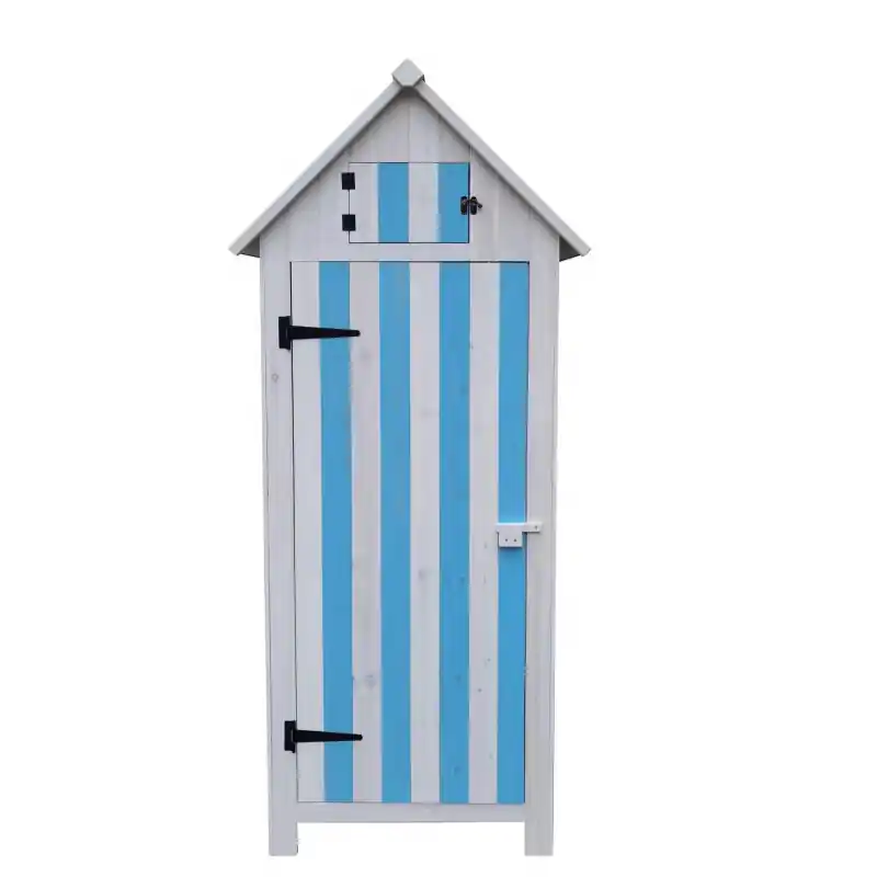 Armoire cabine de rangement lasurée bleue et blanche 3 étagères 0,41m2