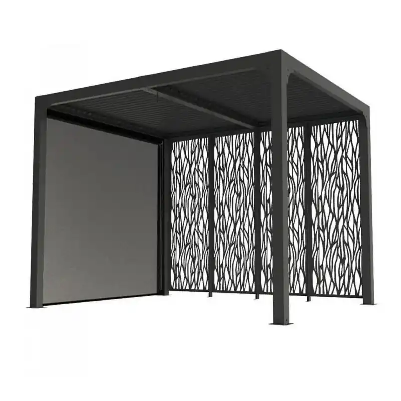 Pergola bioclimatique 7,2m2 rideau et 4 panneaux gris Habrita Foresta