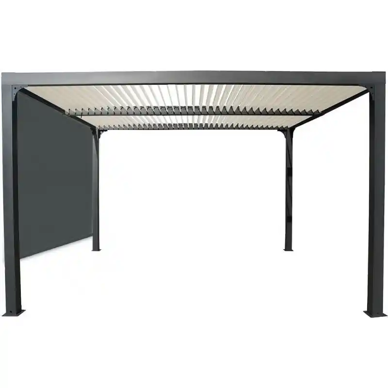 Pergola bioclimatique Habrita PER3630RBIW toiture écru et rideau gris
