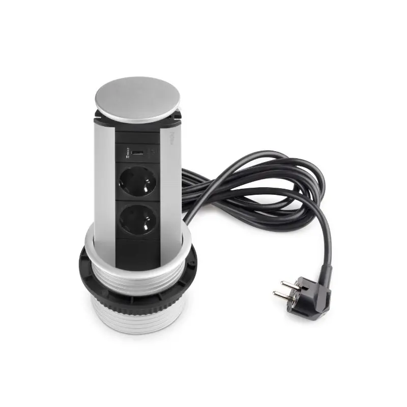 Multiconnecteur Emuca 2 prises 1 port usb câble 3m anodisé mat D102mm