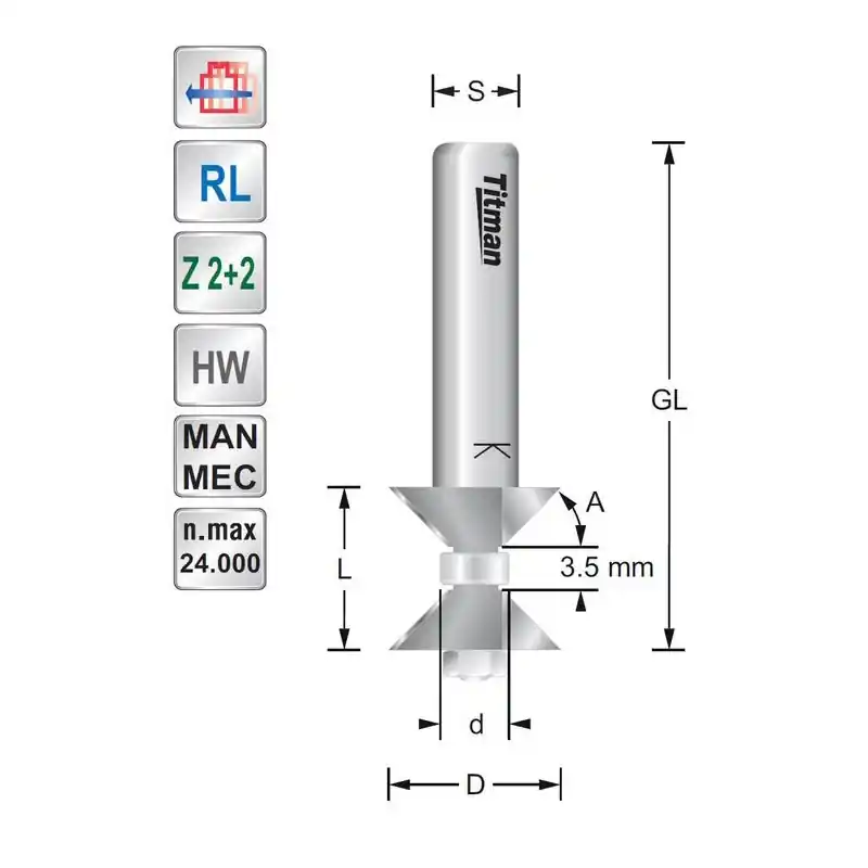 Double chamfering bit 45 degrees L15 S8mm