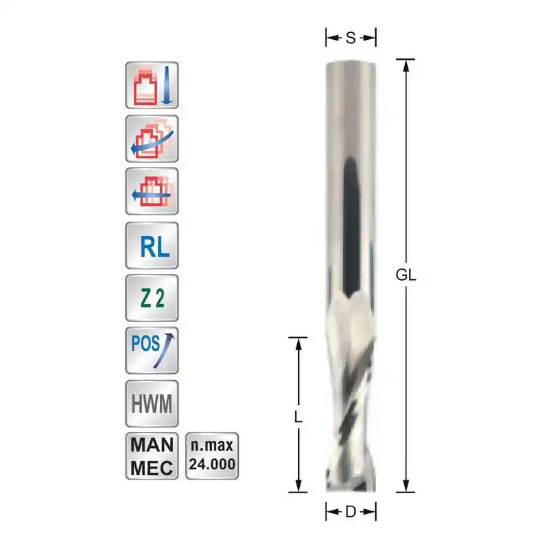 Spiral cutter D8 L25 S8mm Z2 Positive - Upcut