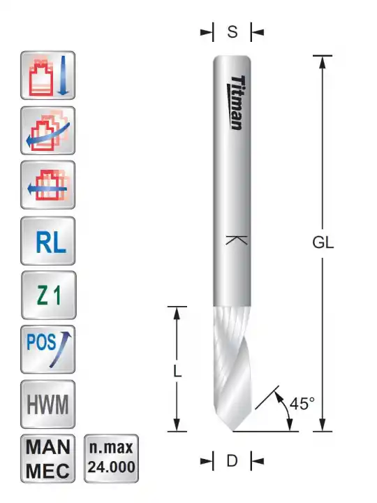 V-Point Spiral cutter Z1 Positive - Upcut D6 L25 S6mm