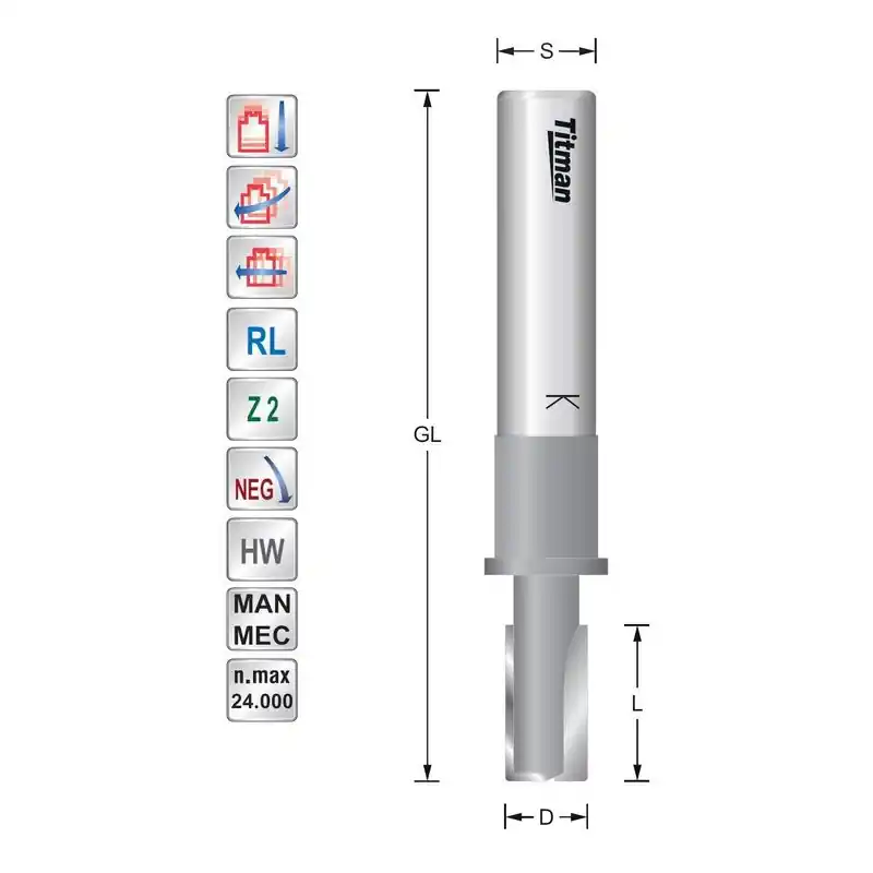 Single flute cutter 12,7mm Z2 Negative for solid surface