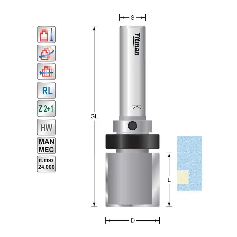 Bearing guide trimmer D25 S12mm for solid surface