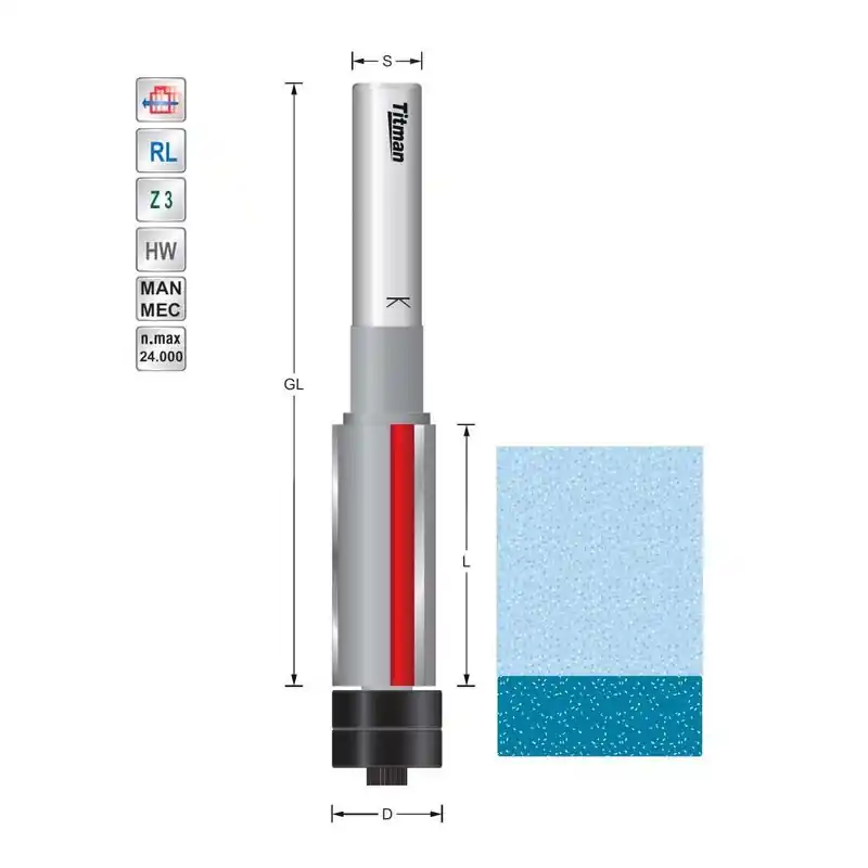 Bearing guide trimmer D12,7 L19 S12mm double bearing for solid surface