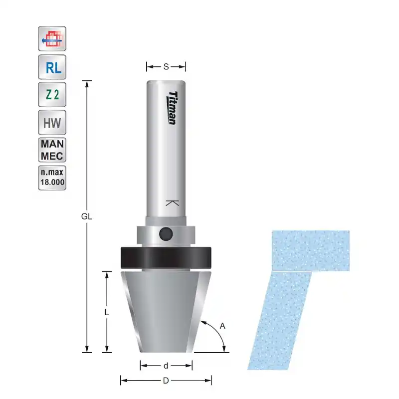 Bevel cutter with bearing D28 S12 for solid surface