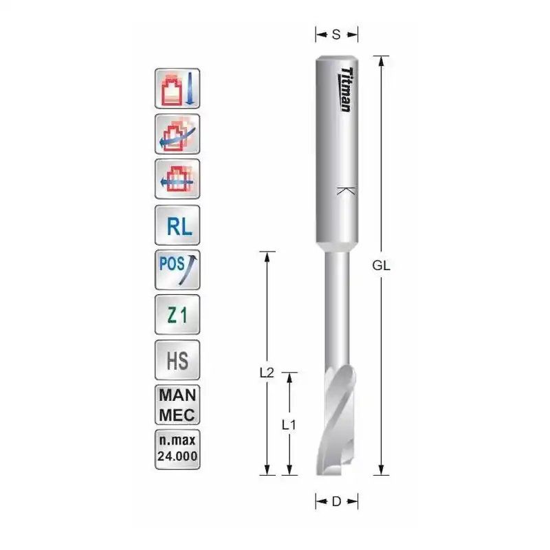 Single flute cutter with neck D5 L45 S8mm