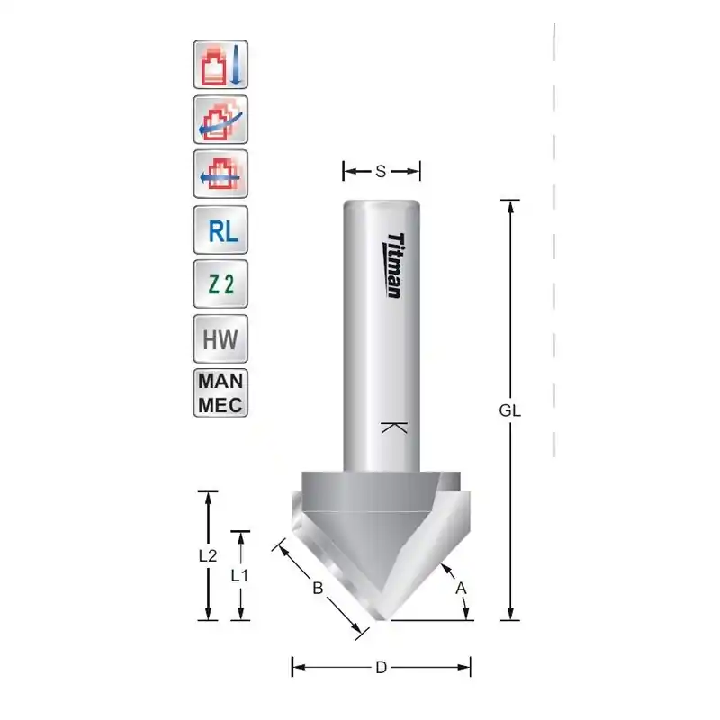 V-Groove cutter 45° L1(14) S8mm