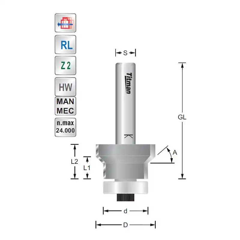 Trimming bevel 45° S8mm cutter with bearing