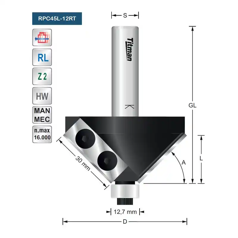 Replacement tip bevel cutter 45° S12mm