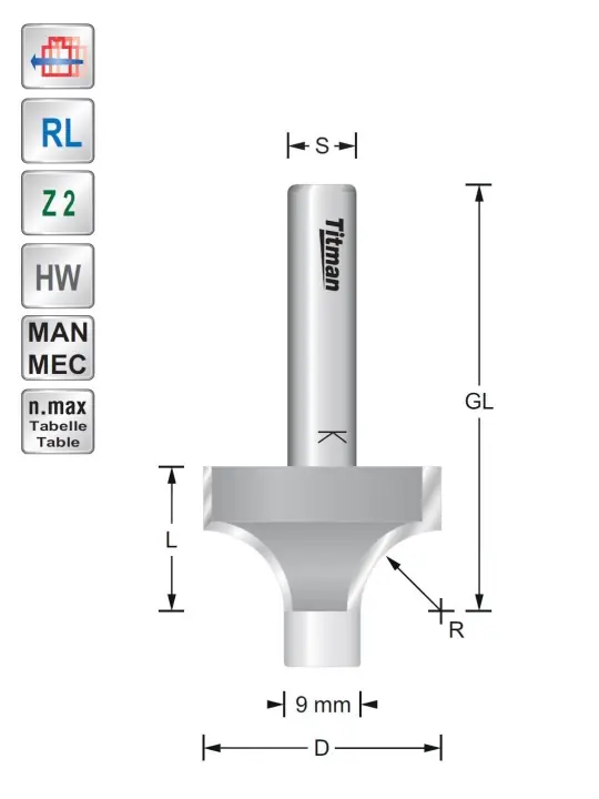 Rounding over cutter D22 R6,3 S8 mm with guide pin
