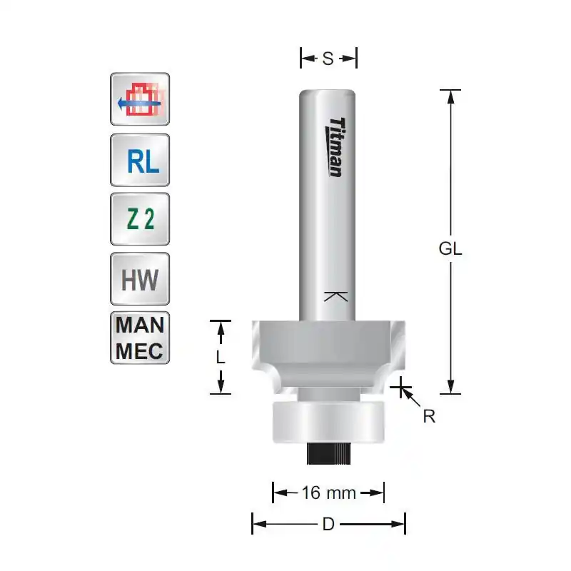 Rounding over cutter with extended cutting edge R1 S8mm