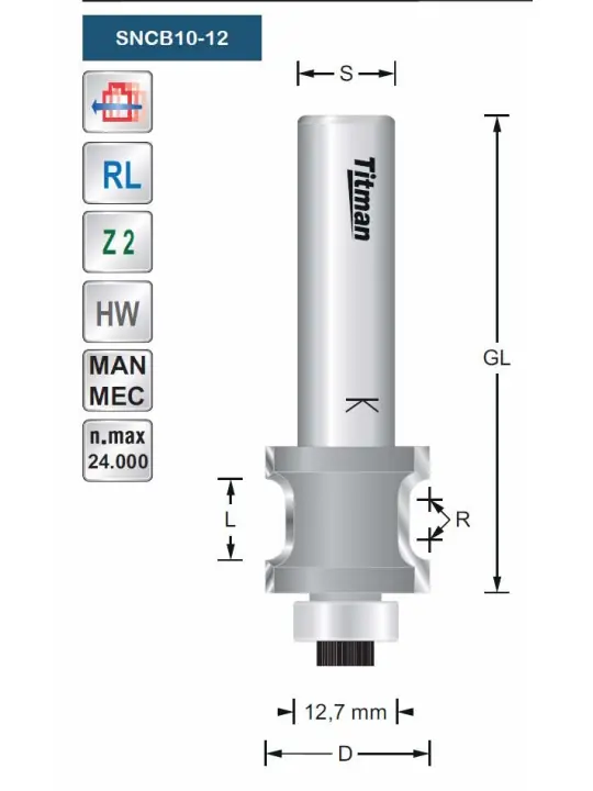 Double rounding cutter R2,5 S12mm with bearing